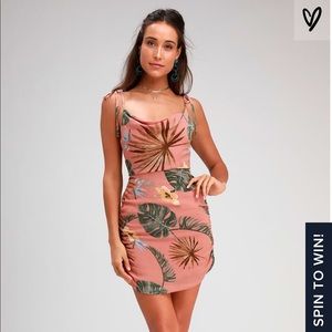 In Bloom Coral Leaf Print Ruched Bodycon Dress